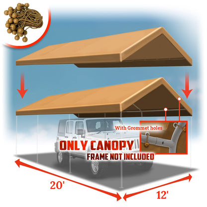 BenefitUSA 12'x20' Upgraded Carport Canopy Tent Garage Replacement Car Shelter Cover with Bungees,Frame is not Included (Tan) - WoodArtSupply