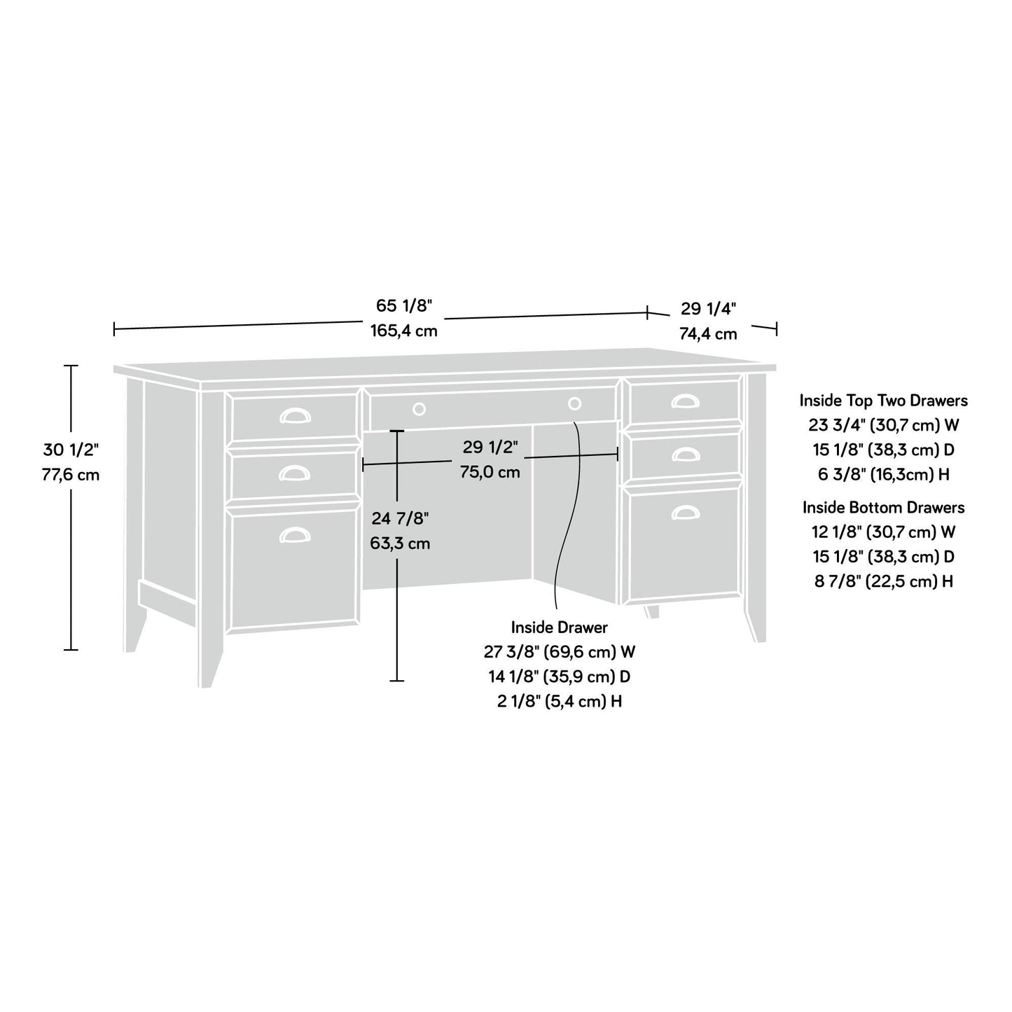 Sauder Shoal Creek Executive Desk, L: 65.12" x W: 29.29" x H: 30.55", Jamocha Wood finish - WoodArtSupply