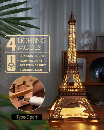 ROBOTIME 3D Puzzle for Adults DIY Model Building Kit with LED Light Wooden Eiffel Tower Craft Kit Architecture Toy Set Brain Teaser Gifts for Kids - WoodArtSupply