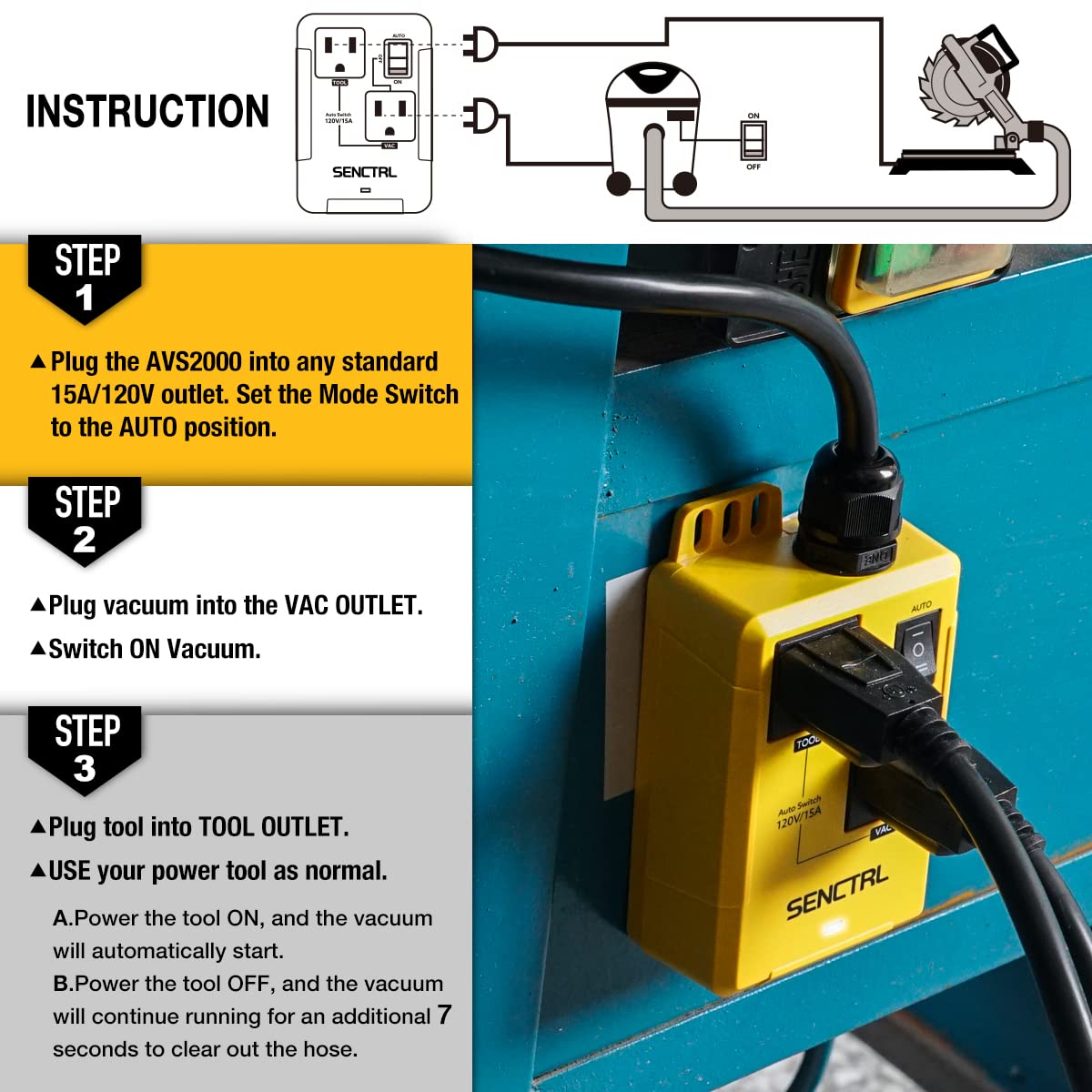 senctrl Automatic Vacuum Switch Allow Power Tool/Table Saw to Turn Vac Cleaner/Accessory On and Off Automatically, Load Sensing, On Delay Prevent - WoodArtSupply