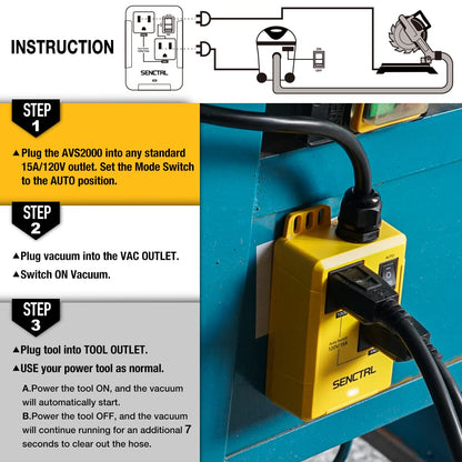 senctrl Automatic Vacuum Switch Allow Power Tool/Table Saw to Turn Vac Cleaner/Accessory On and Off Automatically, Load Sensing, On Delay Prevent - WoodArtSupply