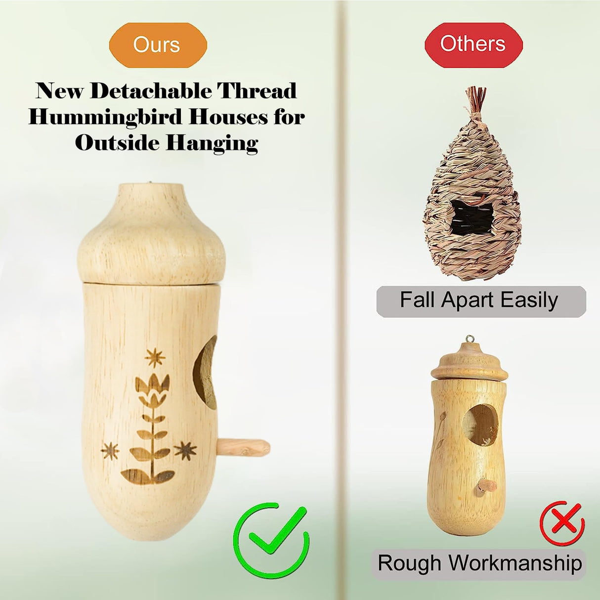 Thread Detachable Hummingbird Houses，Natural Wooden Hummingbird Houses for Outside Hanging，Premium Bird Houses for Garden Window Outdoor Home,3 LPUSA