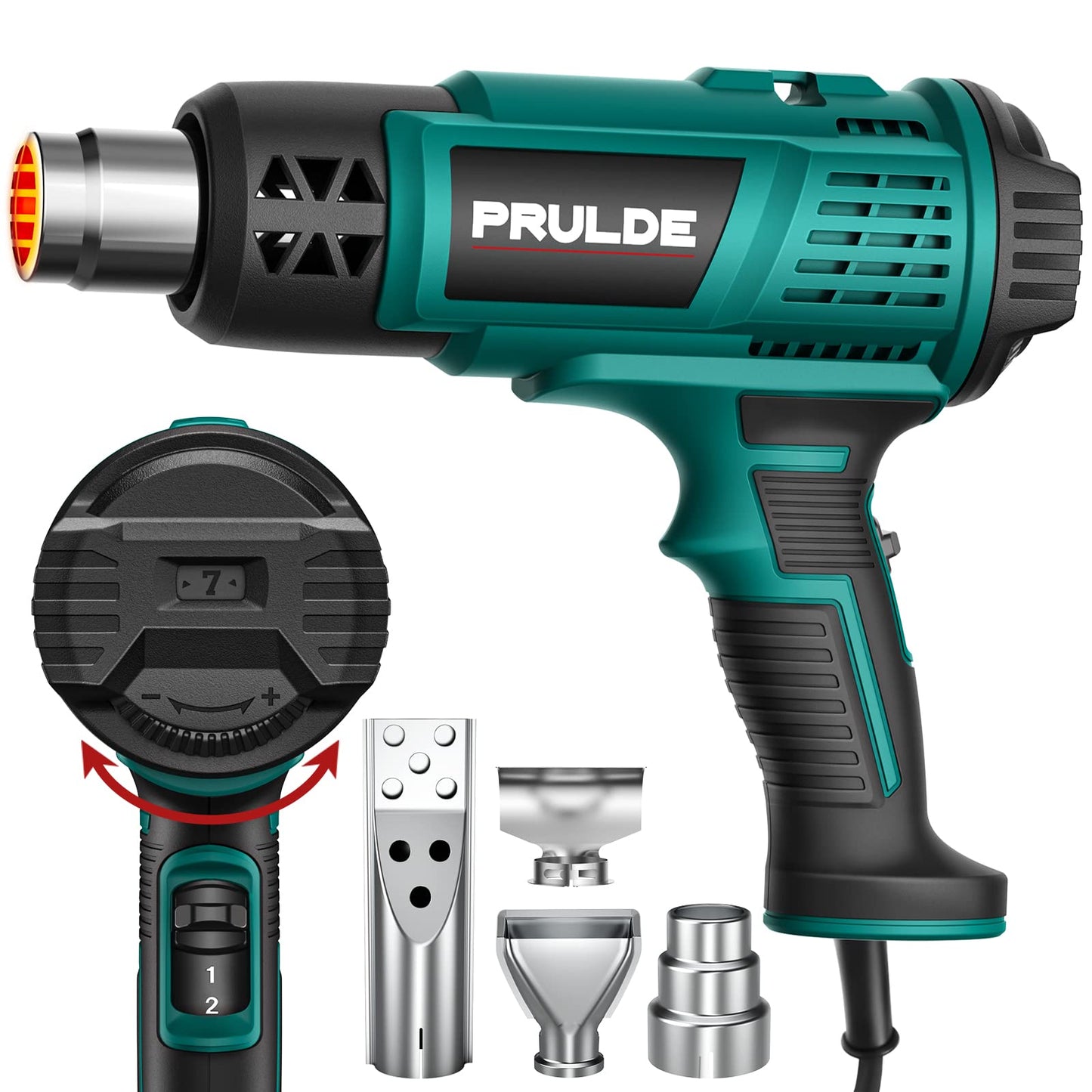 Heat Gun, PRULDE Variable Temperature Settings 122℉~1202℉ Fast Heat Hot Air Gun with 6.56Ft UL Cord for Vinyl Wrap, Crafts, Shrink Tubing/Wrapping,