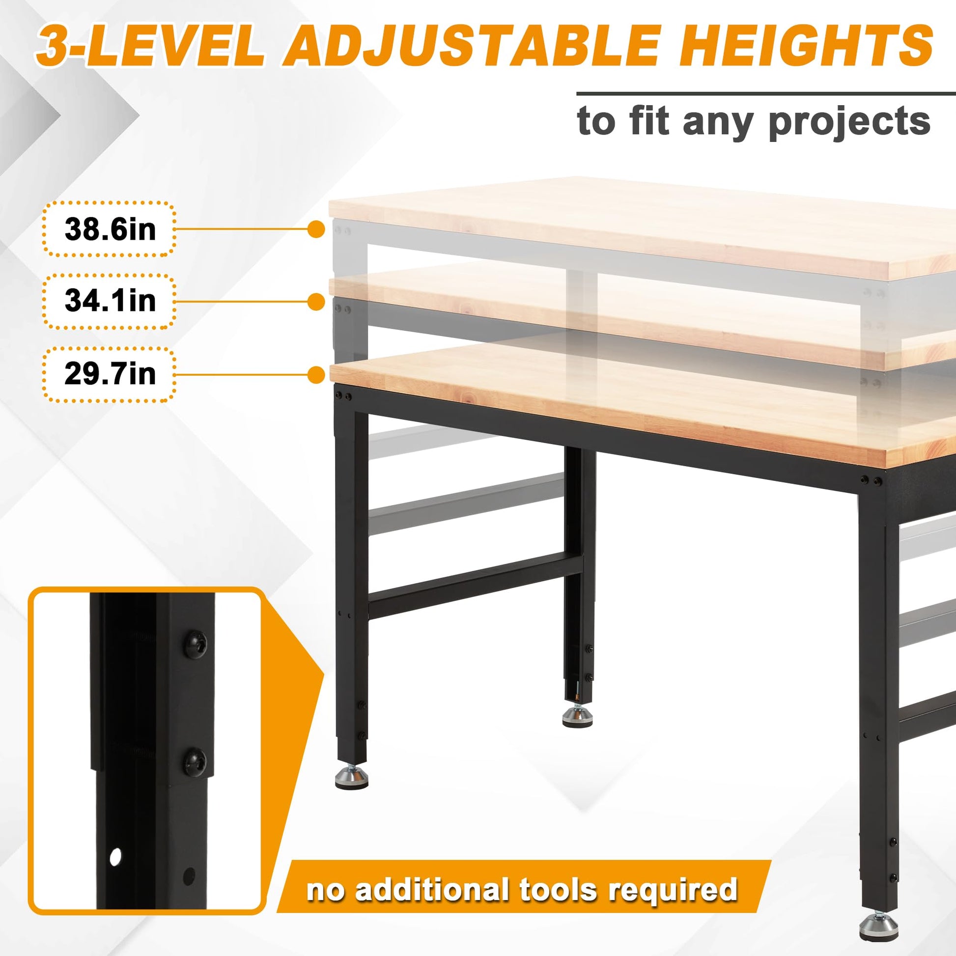 HABUTWAY Height Adjustable Workbench 60“ 2000 Lbs Capacity Oak Wood Work Station Heavy-Duty Work Benches with Power Outlets for Garage Party Shop - WoodArtSupply