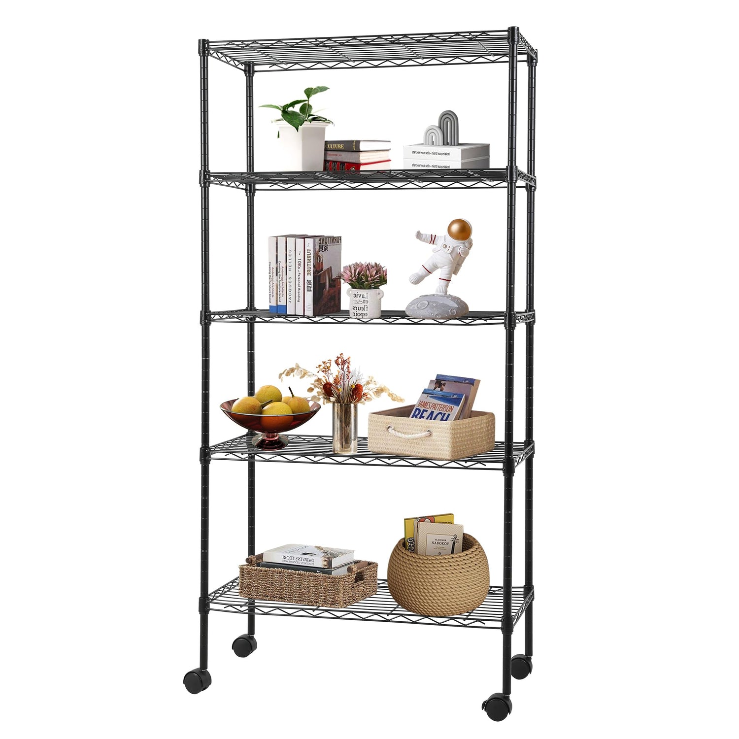 FDW Adjustable 5-Tier Metal Shelf with Wheels, 250 lbs Capacity, Easy Assembly, Ideal for Small Spaces FDW