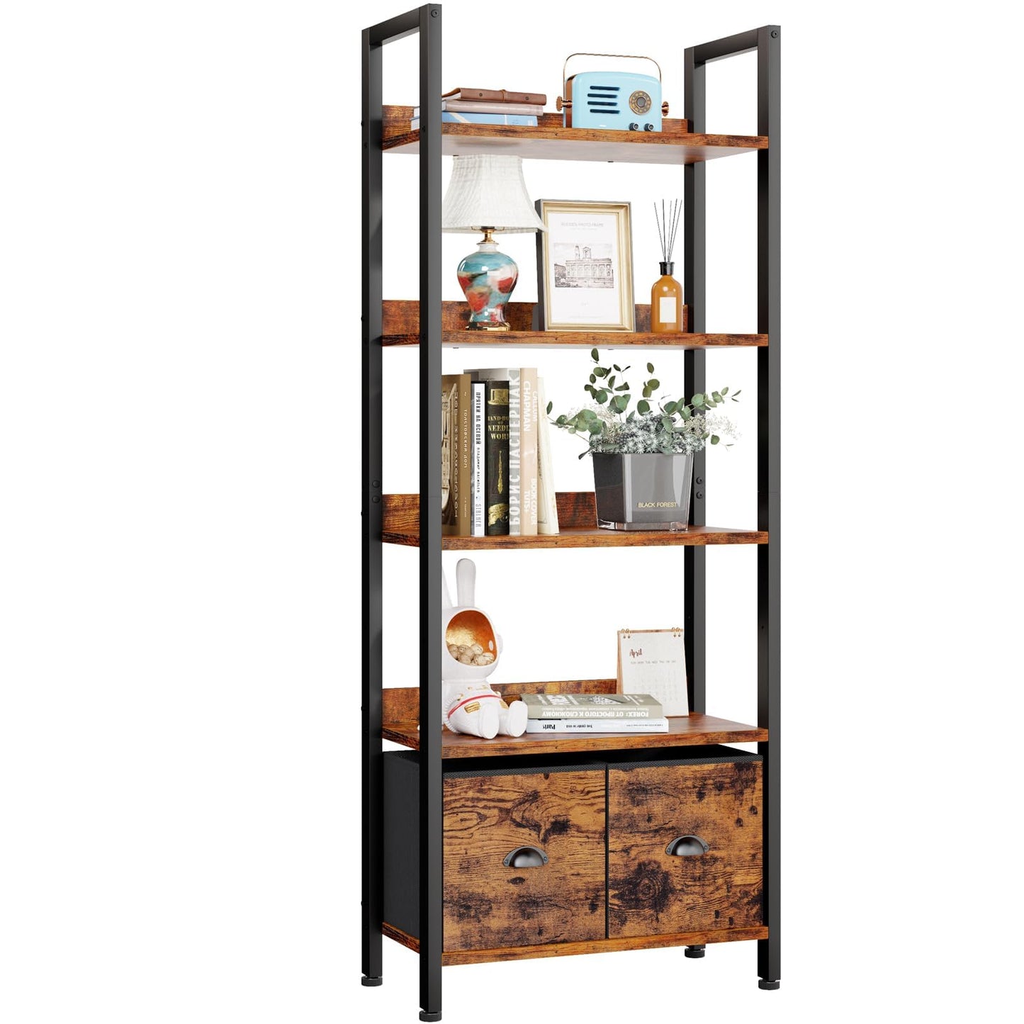 Furologee 5-Tier Bookshelf, Tall Bookcase with 2 Storage Drawers, Industrial Display Standing Shelf Units, Wood and Metal Storage Shelf for Living