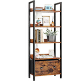Furologee Adjustable 5-Tier Bookshelf with 2 Fabric Drawers - Industrial Wooden and Metal Storage Unit Furologee
