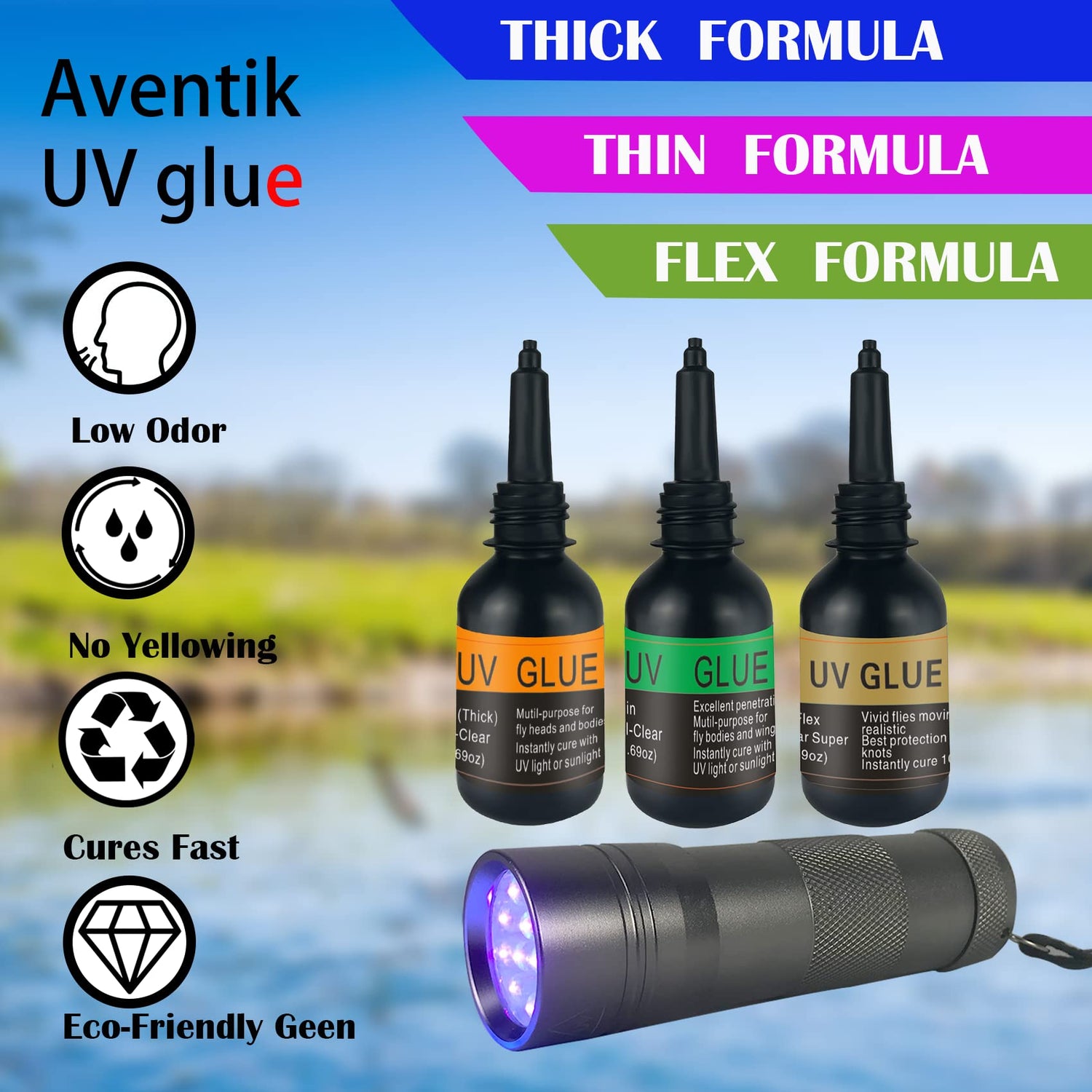 Riverruns UV Clear Glue Three Glue Formula Thick,Thin and Super Flew +12 LED Power Light Fly Tying for Building Flies Flies Heads Bodies and Wings Riverruns