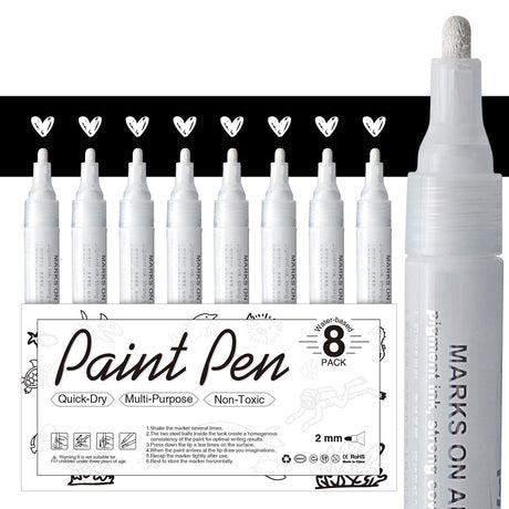 White Paint Pen for Art - 8Pack Acrylic White Paint Marker for Rock Painting, Stone, Wood, Canvas, Glass, Metal, Metallic, Ceramic, Tire, Graffiti, AKARUED