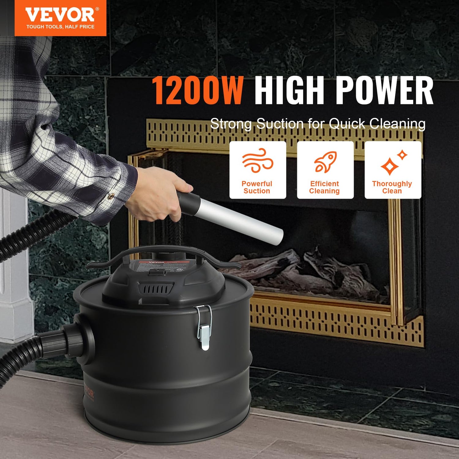 VEVOR Vacuum Cleaner 4 Gallon with 1200W Powerful Suction, Ash Vac Collector with 47.2 in Flexible Hose, for Fireplaces, Pellet, Wood Stove, Log VEVOR