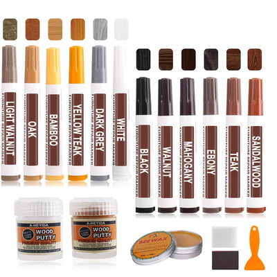 Furniture Touch Up Markers - 12 Color Wood Repair Kit Wood Marker Pens with Wood Putty Filler and Beeswax, Hardwood Floor Furniture Scratch Repair