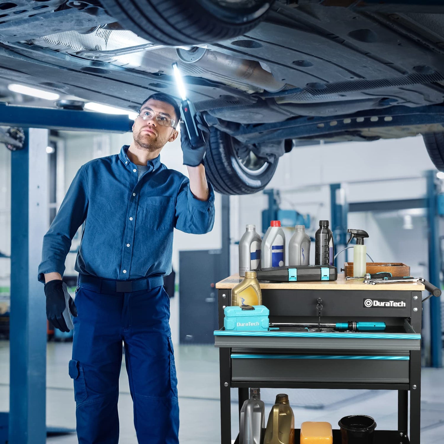 DURATECH 30-1/2 in 3-Drawer Rolling Tool Cart with Wood Top, Heavy Duty Storage Organizer Cabinet, Utility Industrial Service Cart with Casters and DURATECH