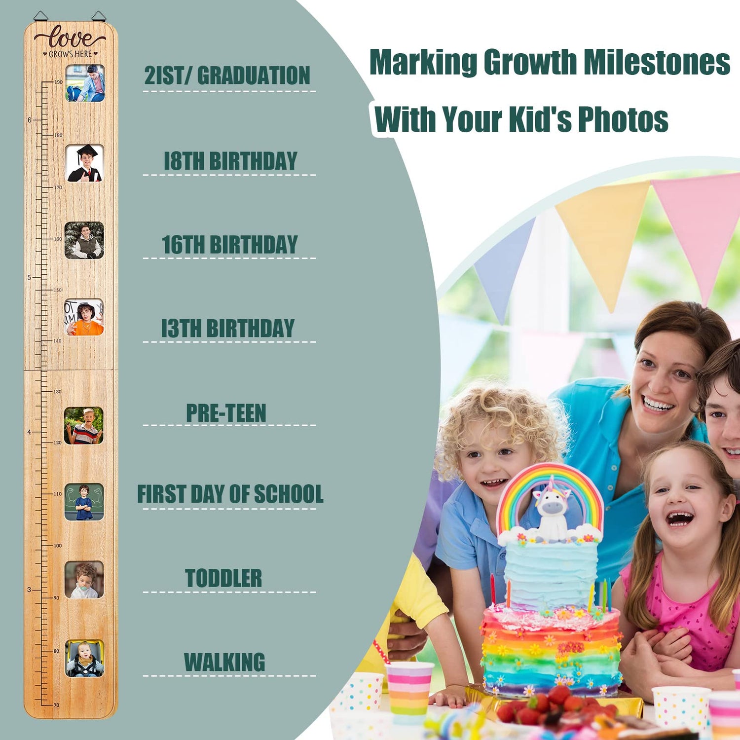 Wood Growth Chart for Kids with Picture Frames Boho Wooden Height Measurement Ruler Milestone Markers Foldable Height Chart for Kids Measuring Chart Chunful