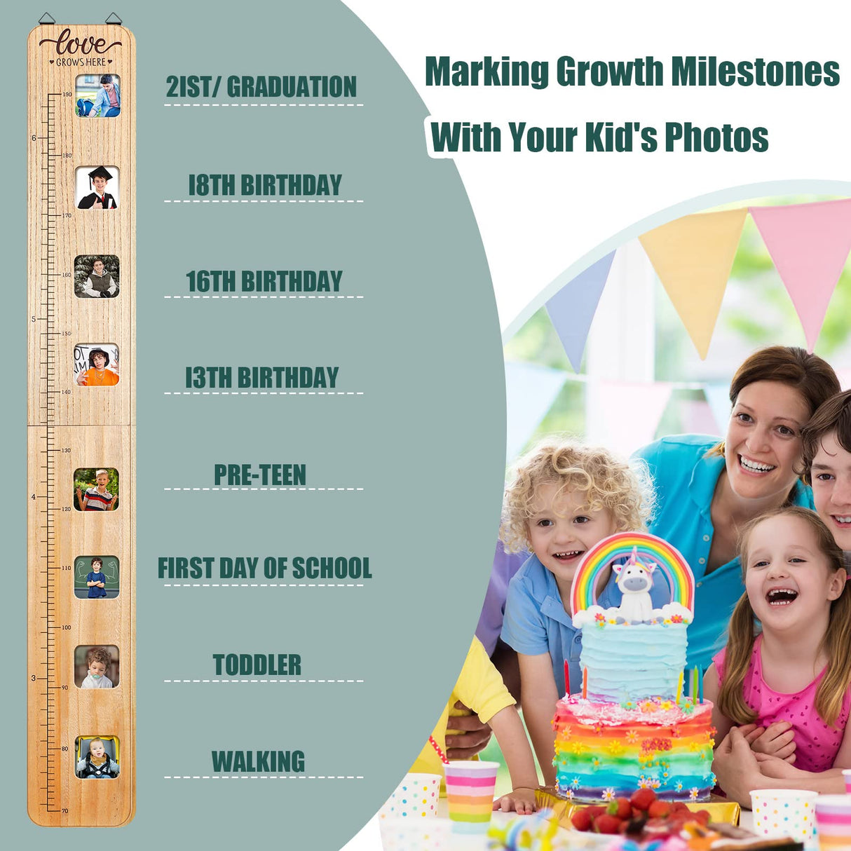 Wood Growth Chart for Kids with Picture Frames Boho Wooden Height Measurement Ruler Milestone Markers Foldable Height Chart for Kids Measuring Chart Chunful