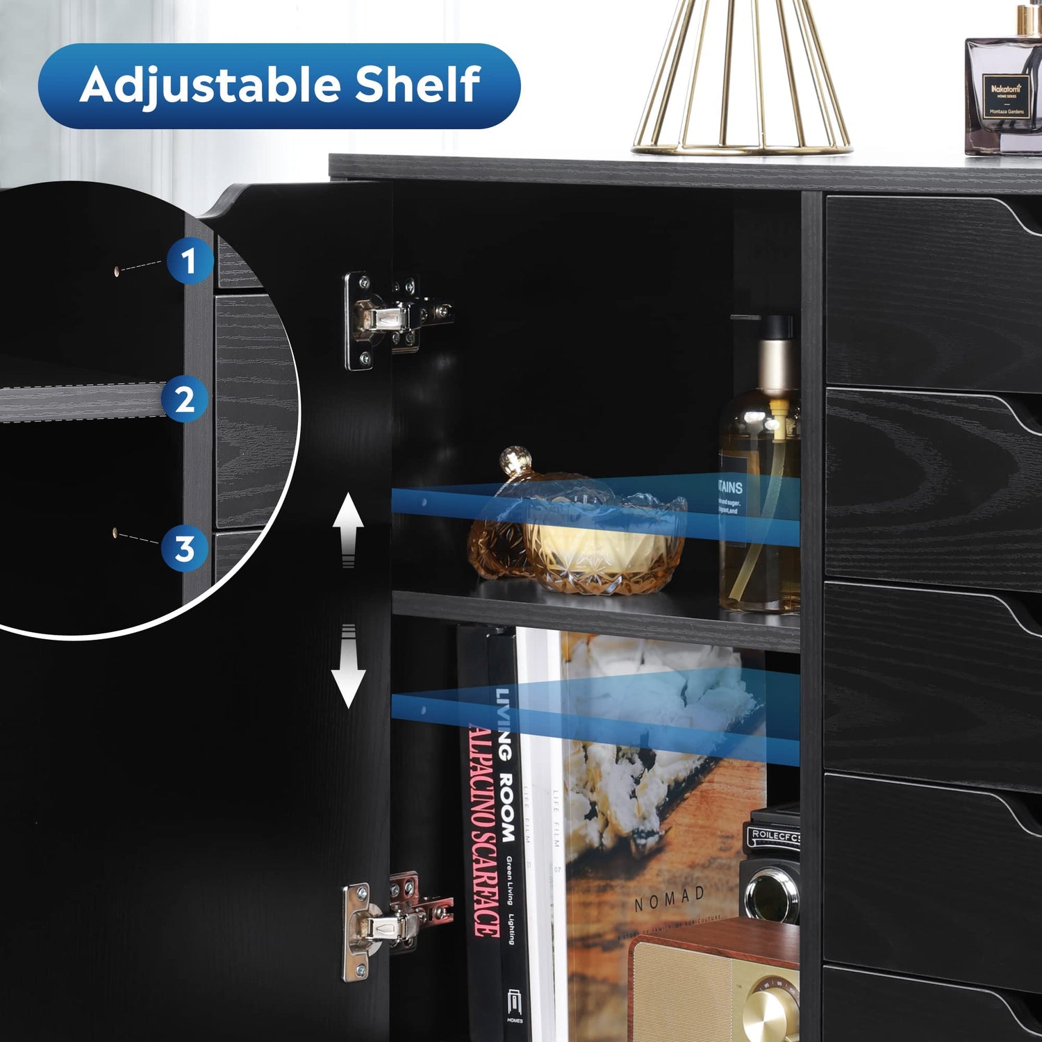 DEVAISE 5-Drawer Wood Dresser Chest with Door, Mobile Storage Cabinet, Printer Stand for Home Office, Black DEVAISE