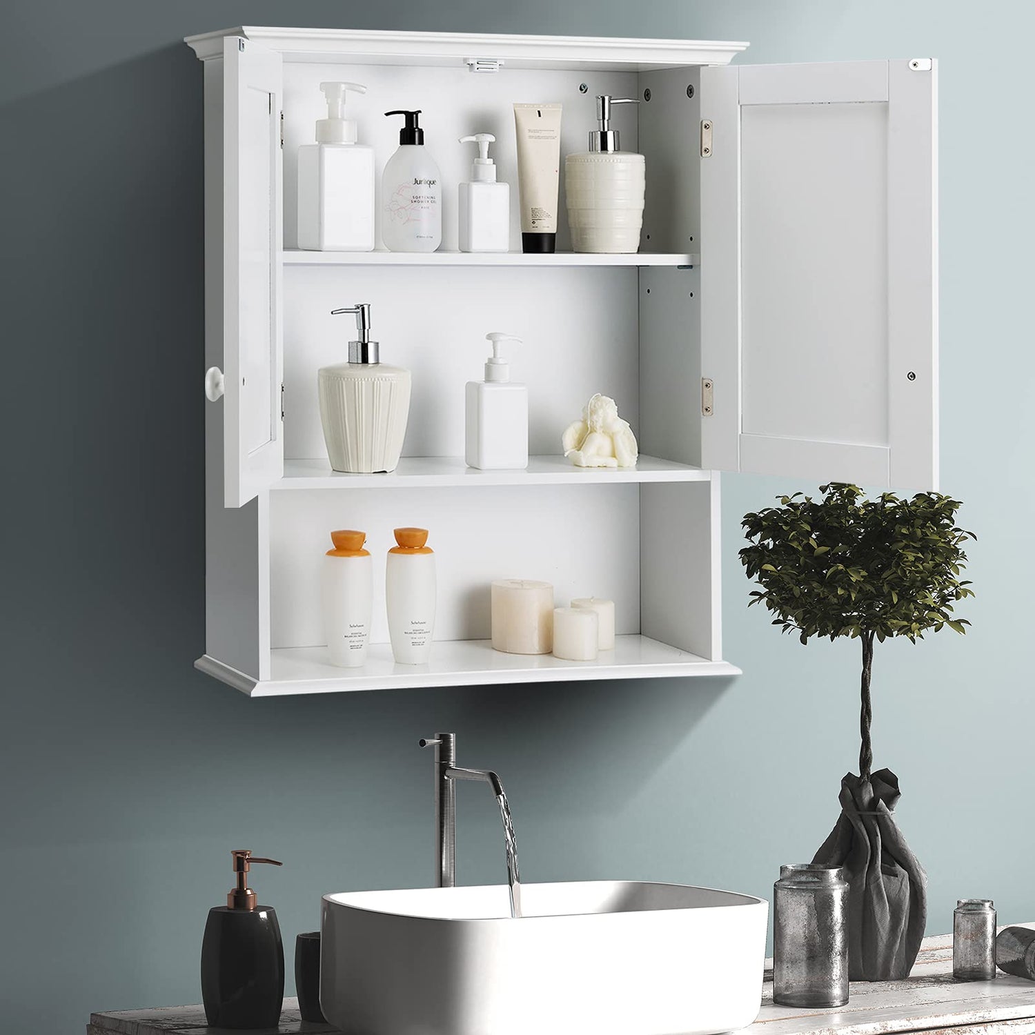 COSTWAY Wall Mounted Bathroom Cabinet, Over The Toilet Storage Cabinet w/Double Doors & Adjustable Shelf, Wood Hanging Medicine Cabinet for Living COSTWAY