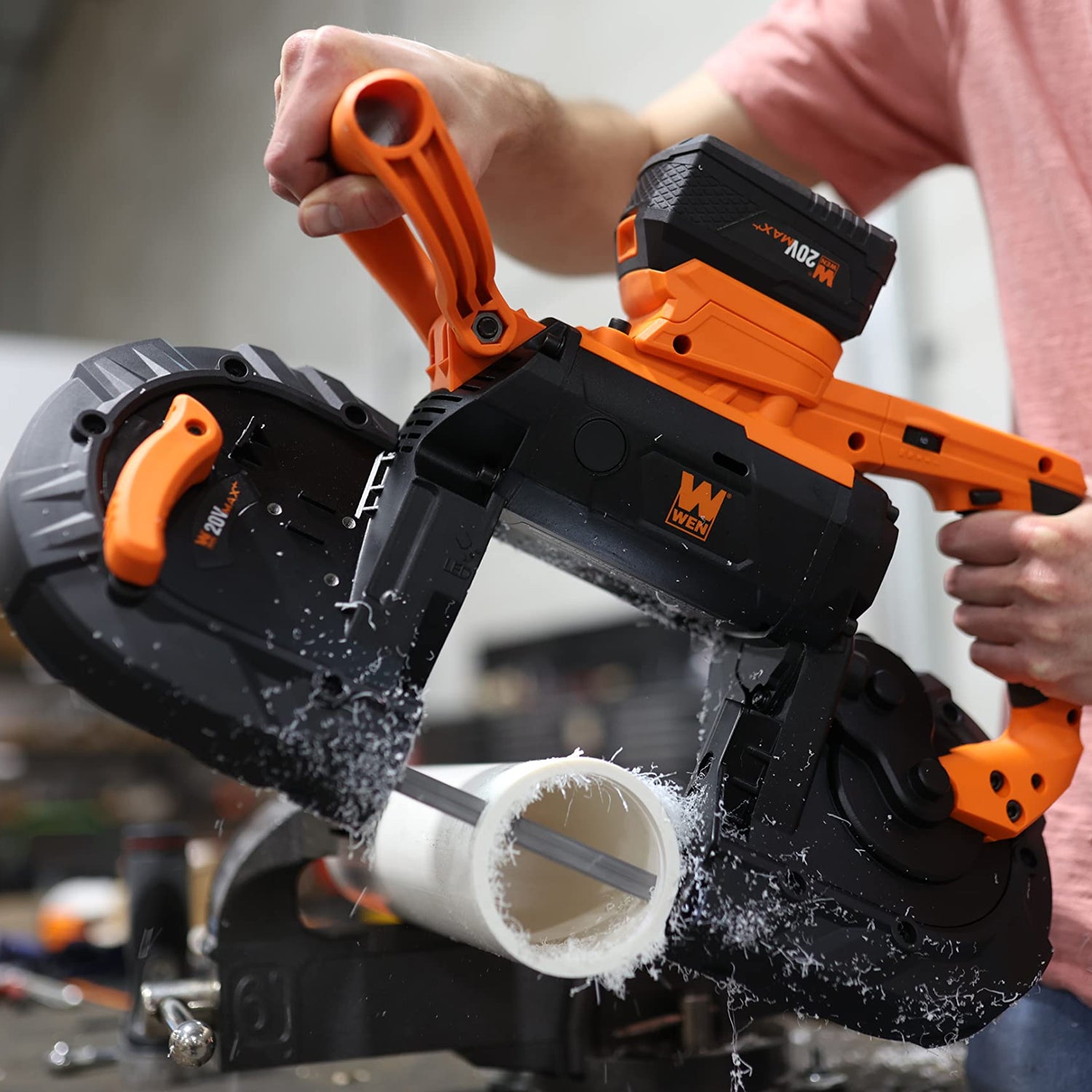 WEN Cordless Portable Bandsaw for Metal with Variable Speed, 20V Max 5.0 Ah Lithium-Ion Battery, and Charger (20496), Black WEN