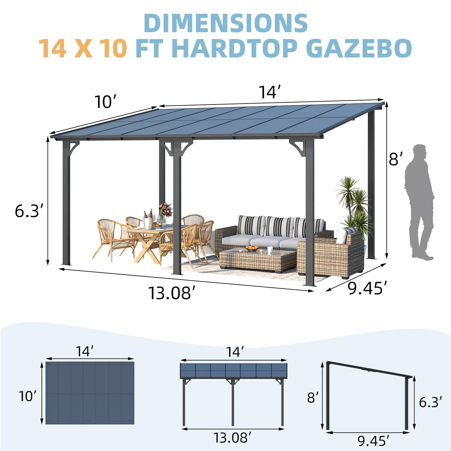 AECOJOY 14' x 10' Gazebo for Patio, Hard Top Lean to Gazebo Pergola with Roof (140 Sq.Ft Shaded), Large Wall-Mounted Heavy Duty Awnings for Patio,