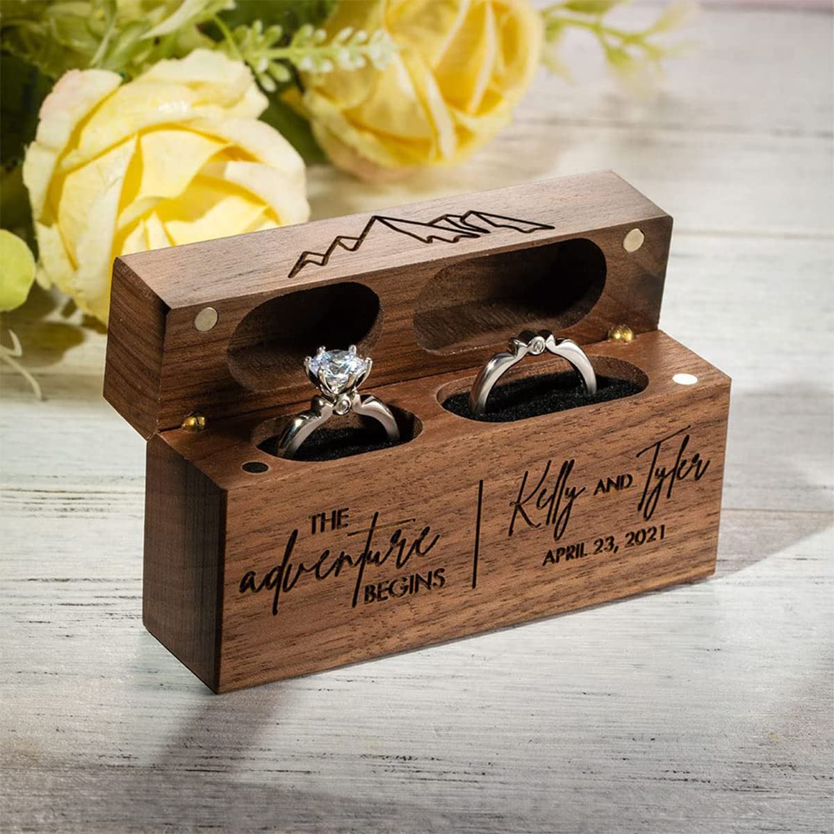 Eyesoul Double Ring Box,Custom Wood Ring Box With Name/Date,Personalized Jewelry Gift Boxes,Ring Box For Wedding Ceremony/Proposal/Engagement,Ring - WoodArtSupply