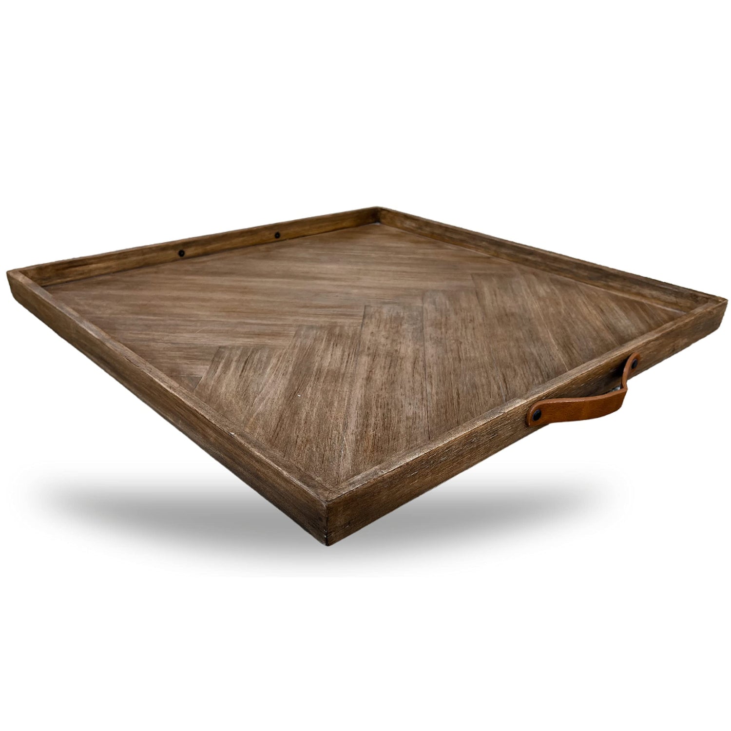 LUIYO Large Ottoman Wood Tray- with Leather Handle Decorative Wooden 24 x 24 x1.5 Inches Square Serving Tray Best for Coffee Table, Living Room and LUIYO