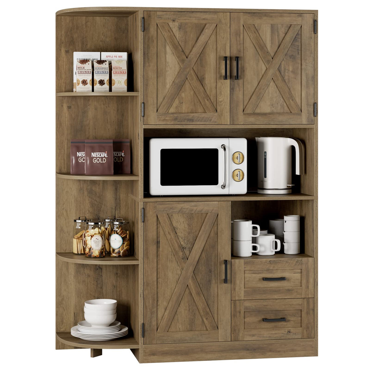 HOSTACK 60.4" Farmhouse Kitchen Pantry Storage Cabinet, Freestanding Hutch with Doors & Shelves, Buffet Sideboard with Microwave Stand, Coffee Bar HOSTACK