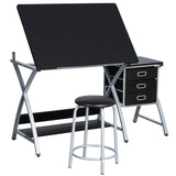 Topeakmart Drafting Tables, Draft Drawing Desk w/Stool and Tiltable Tabletop, 3 Storage Drawers, Reading, Writing Art Crafting Workstation, Black Topeakmart