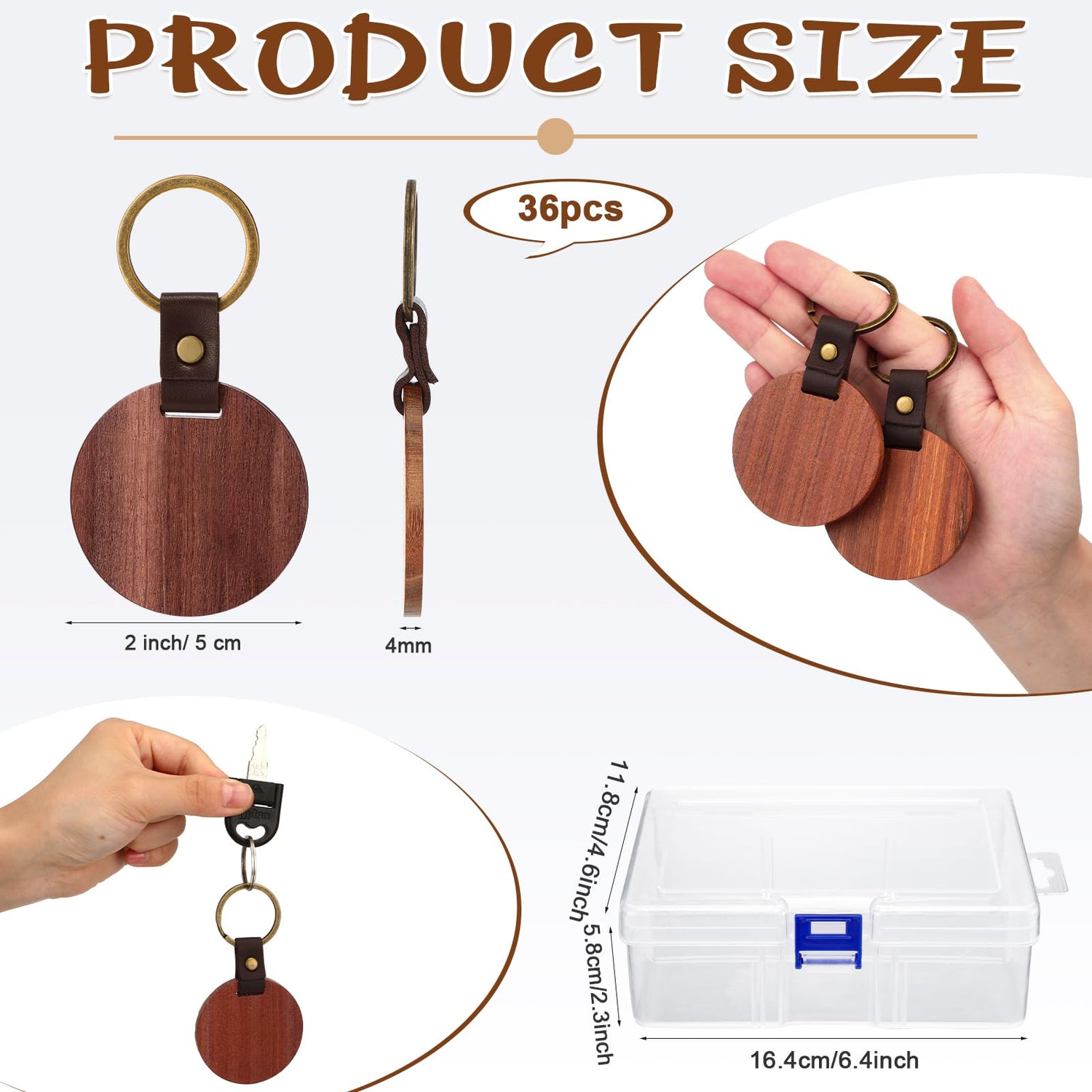 Ecally 36 Pcs Wooden Keychain Blanks Leather Strap Wood Keychain Blanks Round Wood Keyring with for DIY Employee Coworker Gift Craft Ecally