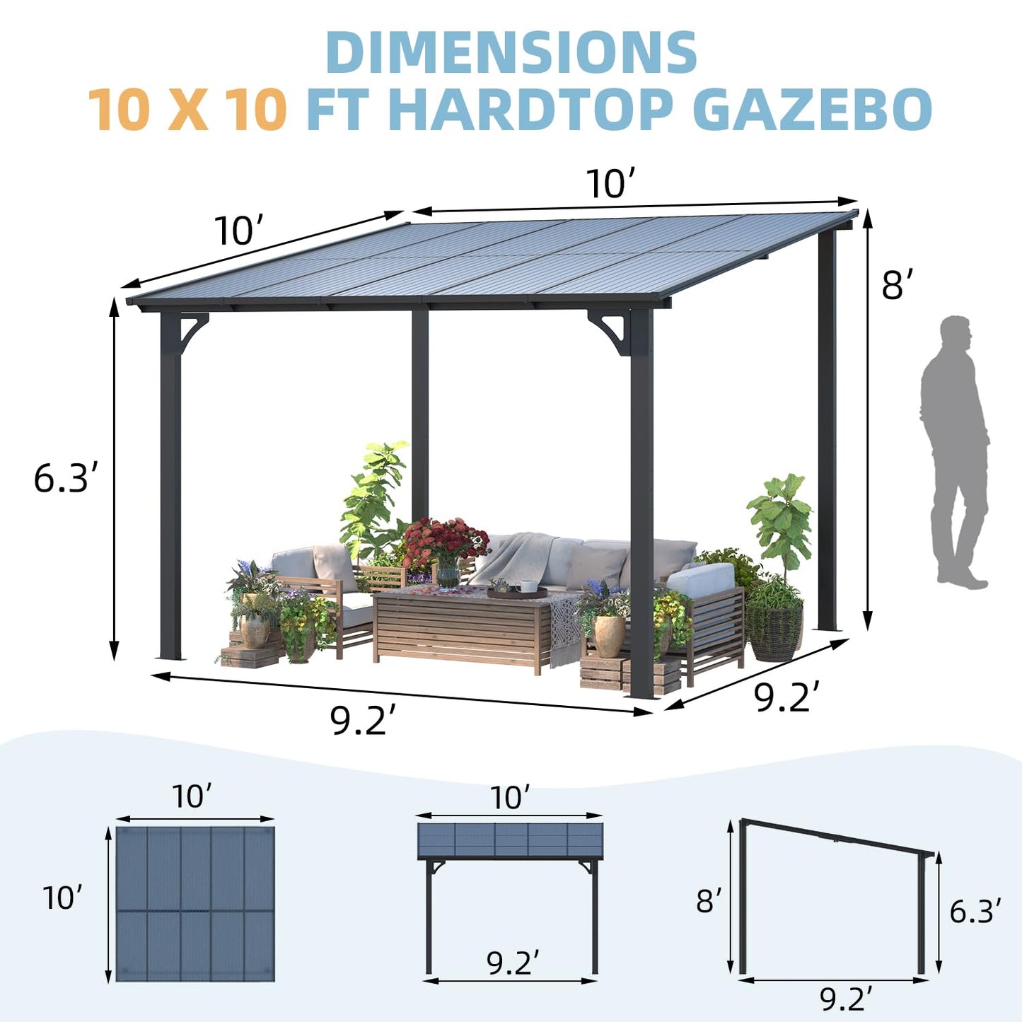 AECOJOY 10’ x 10’ Gazebo, Wall Mounted Gazebos Pergola on Clearance, Outdoor Patio Lean to Gazebo Awnings for Deck, Porch, Backyard and More