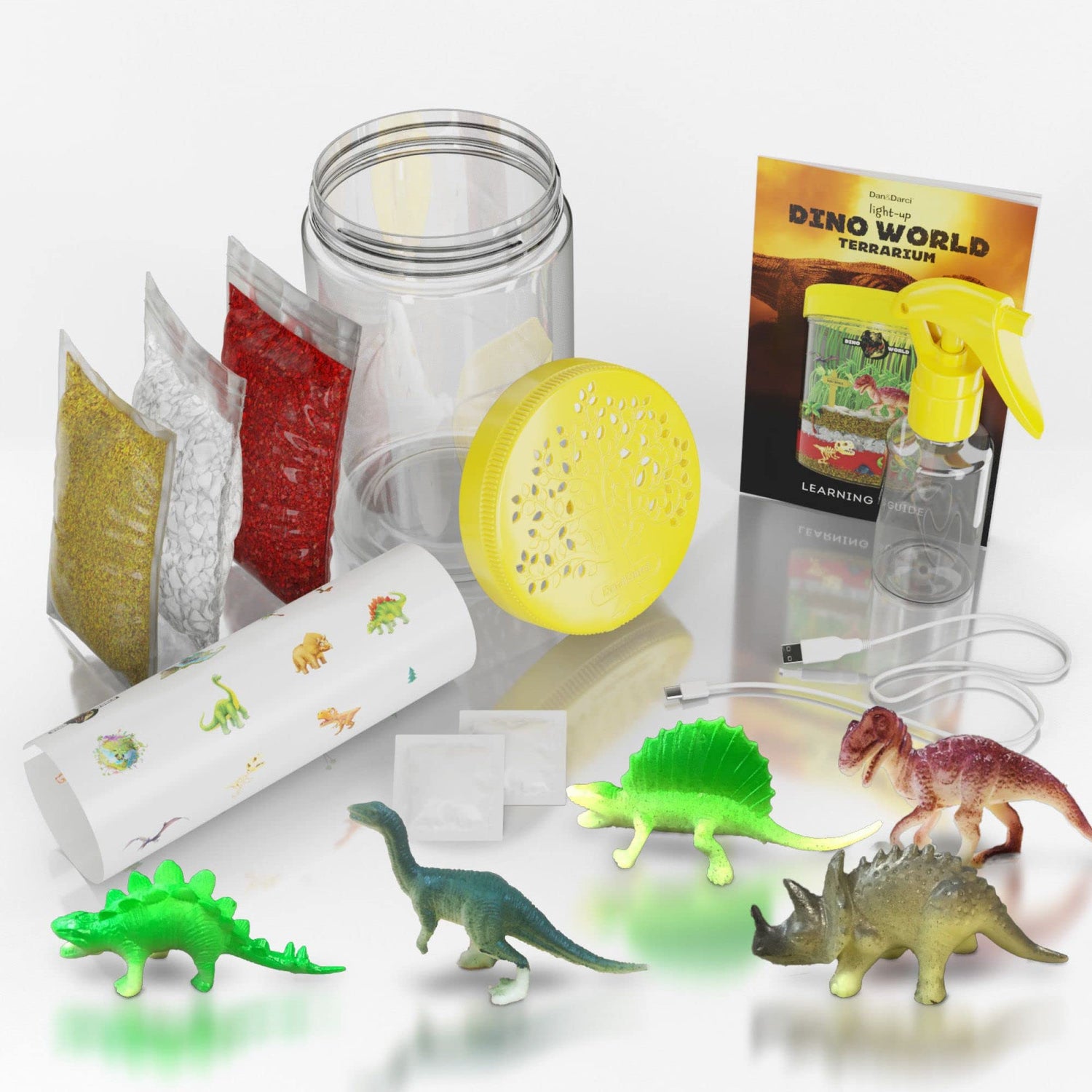 Dino World Terrarium Kit for Kids - LED Light in Lid - Dinosaur Toys for Boys & Girls Age 3, 4, 5, 6, 7, 8+ Year Old Boy and Girl Gifts - Dinosaur Dan&Darci