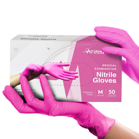 Fuchsia Hot Pink Nitrile Disposable Gloves - 50 Count - 3 Mil Nitrile Gloves Medium - Powder and Latex Free Rubber Gloves - Surgical Medical Exam FifthPulse