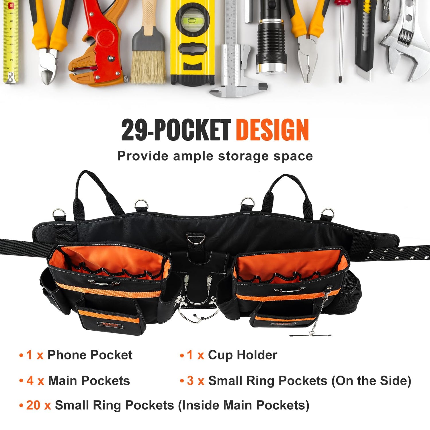 VEVOR Tool Belt with Suspenders, 29 Pockets, 29-54 inches Adjustable Waist Size, Tool Belts for Men, 600D Polyester Heavy Duty Carpenter Tool Pouch VEVOR