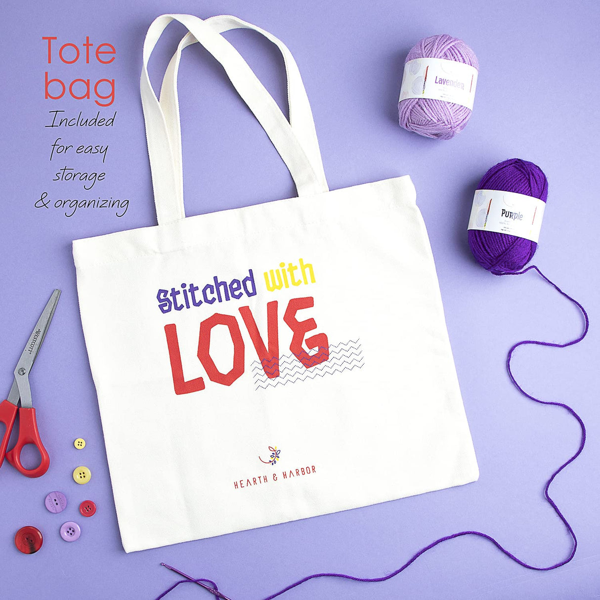 43 Piece Small Crochet Kit for Beginners Adults and Kids with 9 Crochet Hooks Set and 55 Yards of Yarn for Crocheting Set, Canvas Tote Bag and Lots Hearth & Harbor