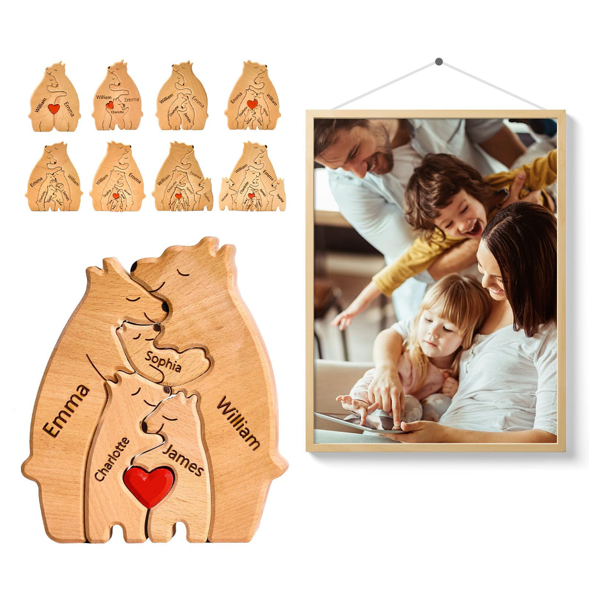 Personalized Wood Bear Puzzle with 1-8 Family Names, Custom Wooden Art Puzzle Gifts, Custom Family Name Sculpture, Home Decoration Christmas, Funmii