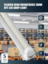 ELEKICO 6 Pack 100w 8ft Led Shop Light, Super Bright 15000lm 5000k V Shape 8' Led Shop Lights, Linkable 8 Foot Led Shop Lights for Garage Warehouse, ELEKICO