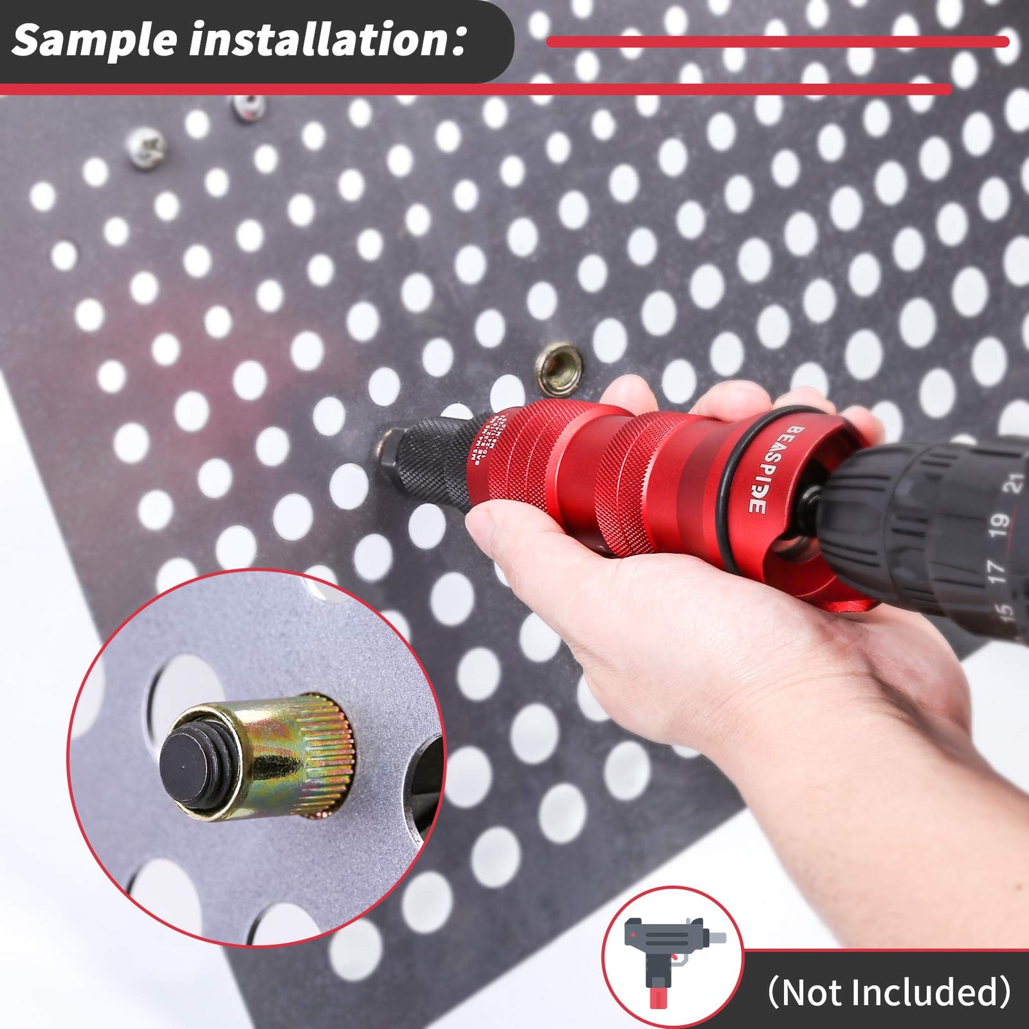 Cordless Drill Electric Rivet Gun Adapter Rivet Nut Drill Adapter Kit Including 10 Mandrel and 50Pcs Assorted Rivet Nuts, Rugged Carrying Case Beaspire