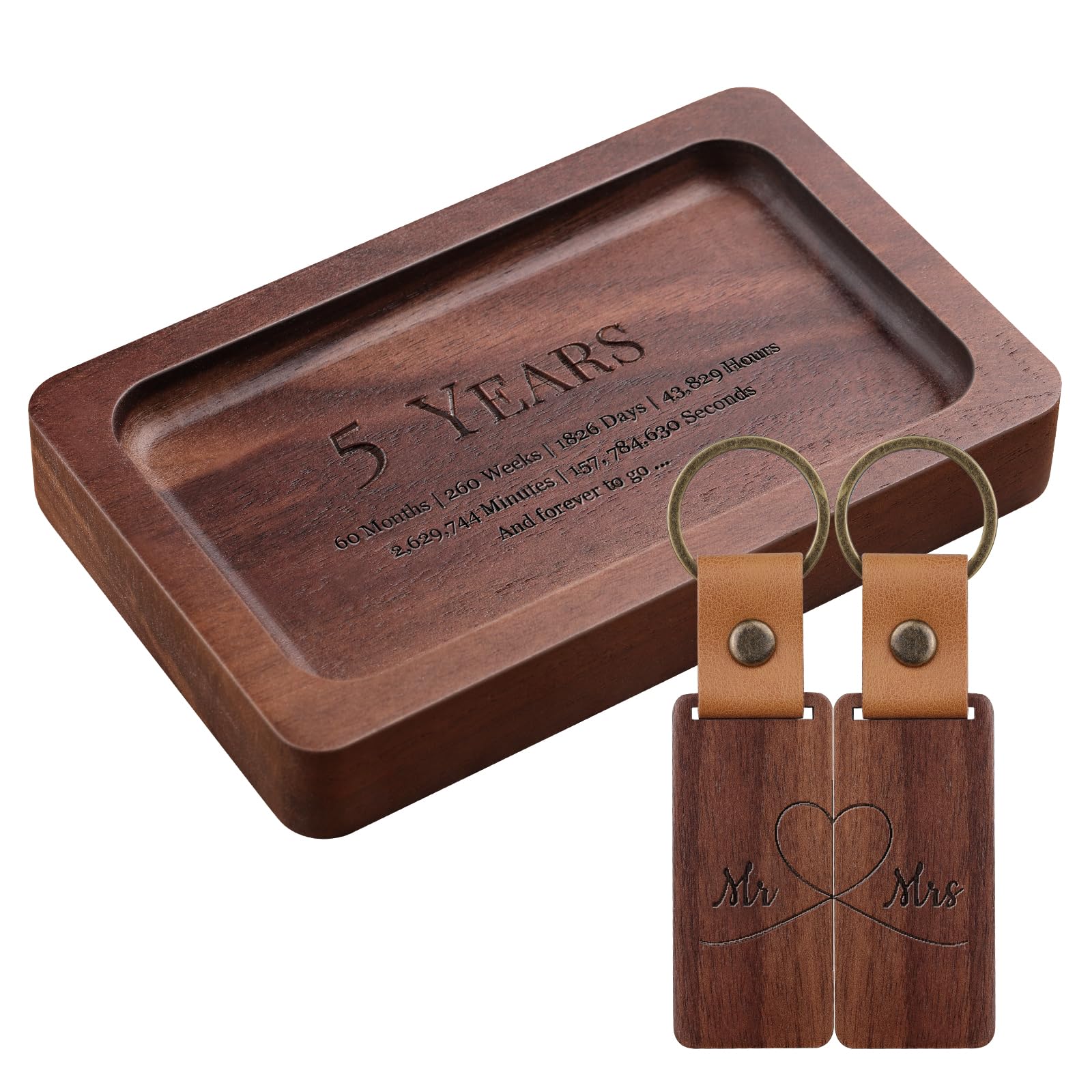 MISTOD Wood Ring Dish & Keychain- Engraved Rectangle Ring Tray Small Jewelry Dish, 5th Marriage Anniv Gifts Set | 5 Year Wedding Anniv Valentine's - WoodArtSupply