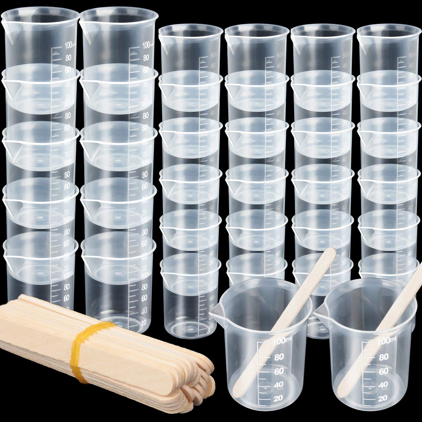 LEOBRO 36 PCS Resin Mixing Cups, 12PCS 100ML Plastic Measuring Cups for Resin, 24PCS 50ML Paint Epoxy Resin Mixing Cups, with Craft Sticks, Beaker,