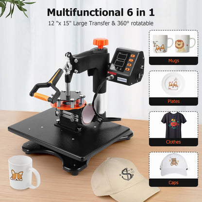 Heat Press Machine 6 in 1 Heat Press Sublimation Machine 360° Rotation Swing Away T Shirt Printing Machine for DIY T Shirts Mug Hat Plate, 12 x 15