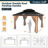 HAPPATIO 11' × 13' Wood Gazebo, Outdoor Hardtop Gazebo with Mosquito Netting and Curtains, Double Metal Roof Patio Gazebo Hard Top Gazebo for Garden, HAPPATIO