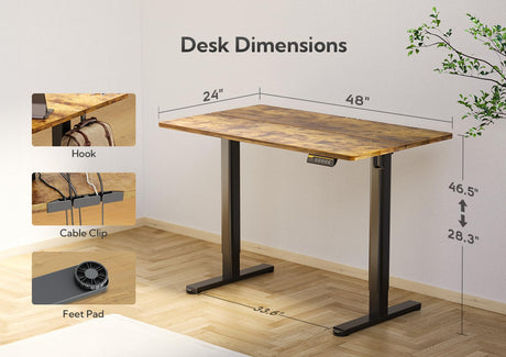 Claiks Electric Standing Desk, Adjustable Height Stand up Desk, 48x24 Inches Sit Stand Home Office Desk with Splice Board, Black Frame/Rustic Brown Claiks
