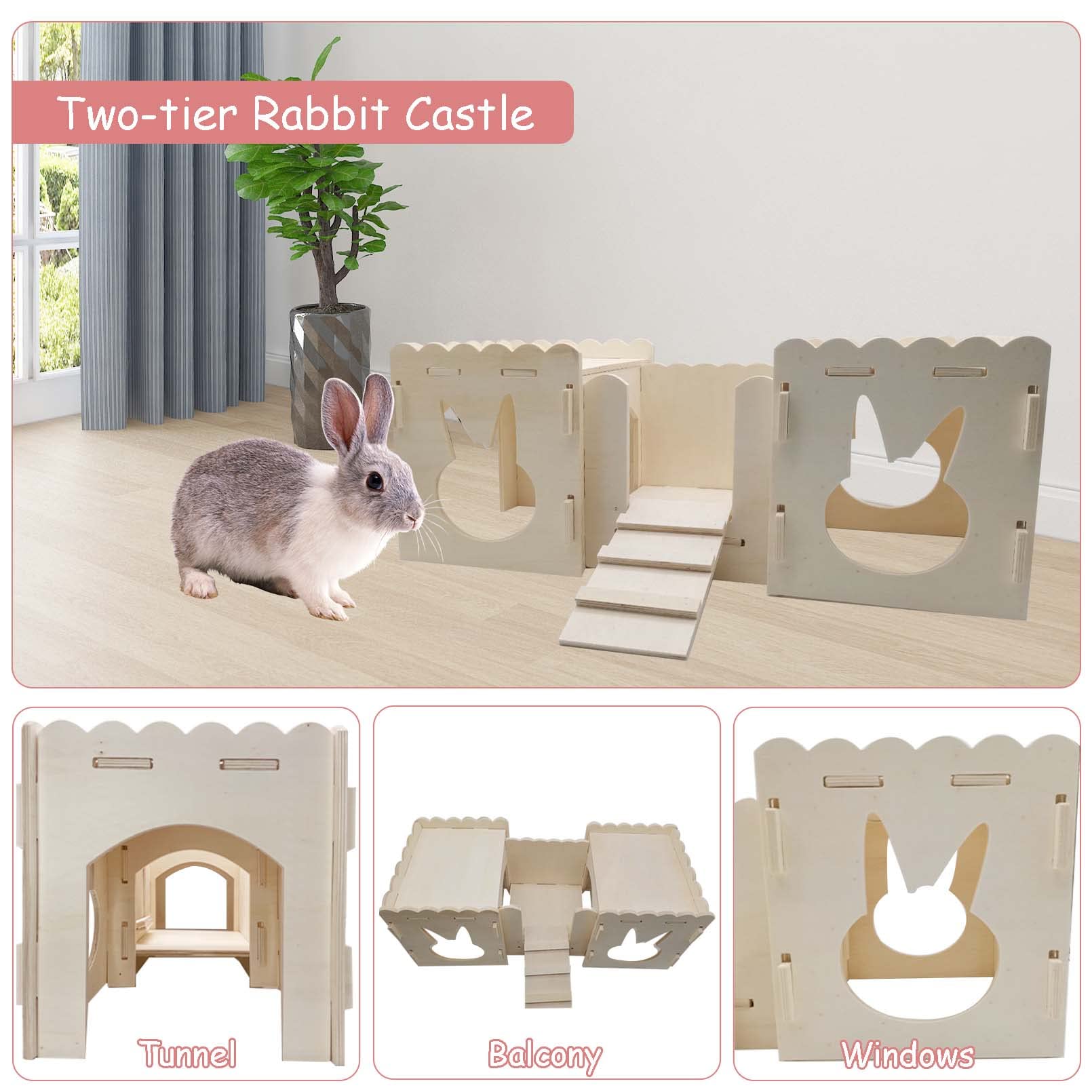 kathson Bunnyt Wooden Castle Guinea Pig Hideout Bunny Play House Detachable Hideaway Hut Small Animals Habitat for Dwarf Rabbit Guinea Pig Chinchilla - WoodArtSupply