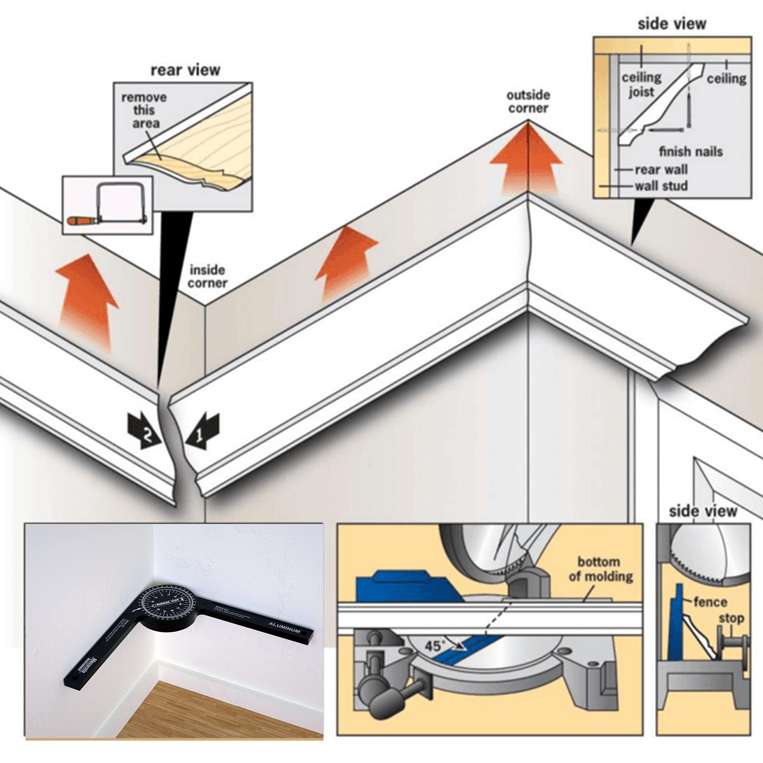 Mecurate Aluminum Miter Saw Protractor, 7.3-Inch Angle Finder Featuring Precision Laser Engraved Scales Woodworking Lightning Measure Tool with 360 Mecurate