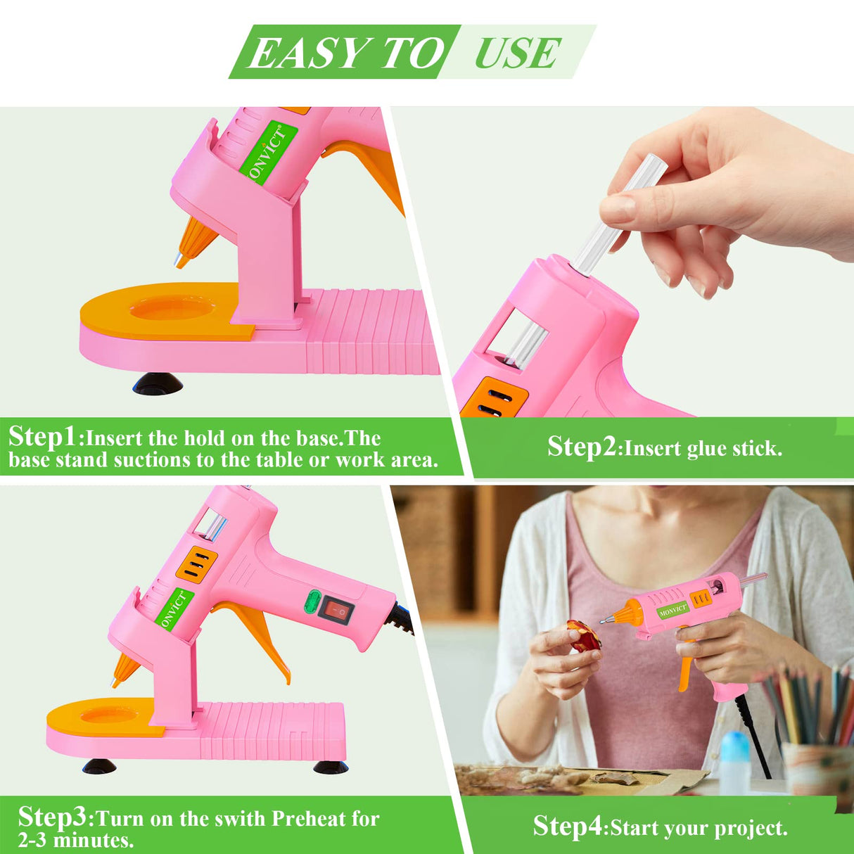MONVICT Pink Hot Glue Gun Kit, Mini Glue Gun with Suction Cups Stand Anti Stick Silicone Mat, Hot Melt Glue Gun with Fine Tip & 30 Glue Sticks, MONVICT
