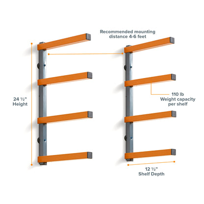 Bora Portamate Wood Organizer and Lumber Storage Metal Rack with 4-Level Wall Mount, Indoor & Outdoor Use PBR-0410