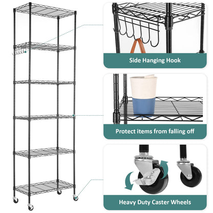 Homdox 6-Tier Storage Shelf Wire Shelving Unit Free Standing Rack Organization with Caster Wheels, Stainless Side Hooks, Black - WoodArtSupply