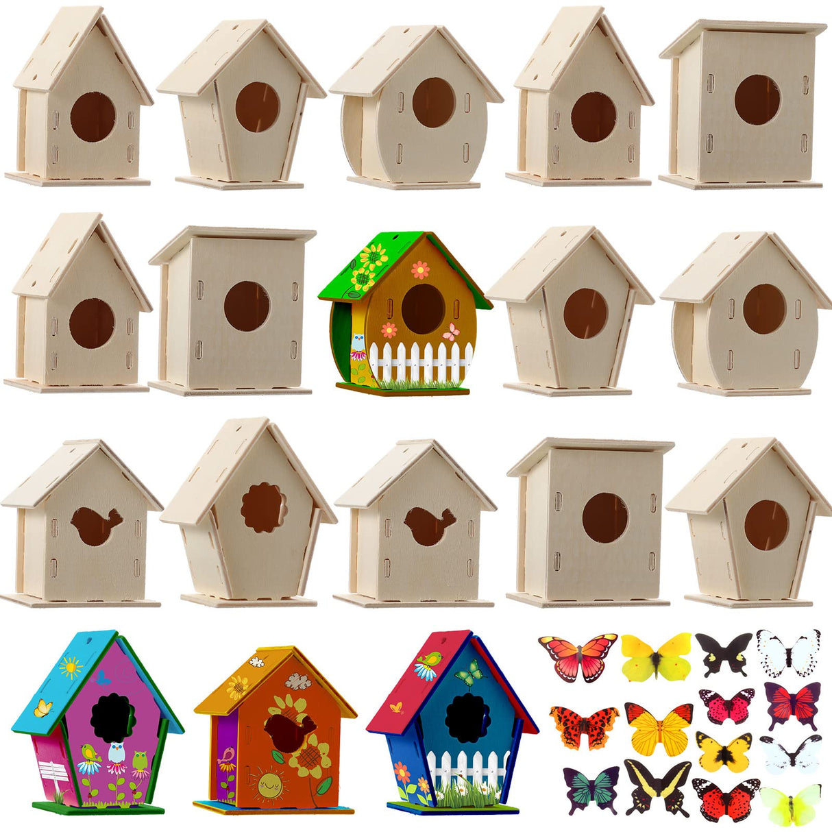 48 Wooden Bird House Kits for Children to Build, Wooden Birdhouse in 6 Shapes and 57 Stereoscopic Butterfly Sticker for Kids Party Art and Craft Kits Sawysine