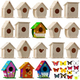 48 Wooden Bird House Kits for Children to Build, Wooden Birdhouse in 6 Shapes and 57 Stereoscopic Butterfly Sticker for Kids Party Art and Craft Kits Sawysine