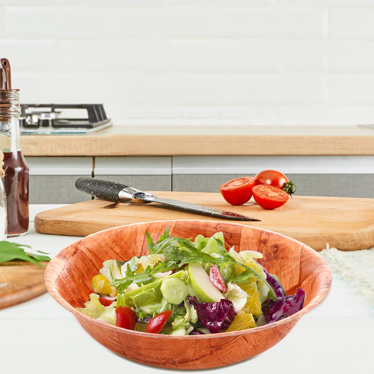 Elsjoy 8 Pack Wooden Woven Salad Bowl, 8 Inch Stackable Round Wood Serving Bowl, Rustic Mixing Bowl for Salad, Fruits, Vegetables, Natural Birch Wood Elsjoy