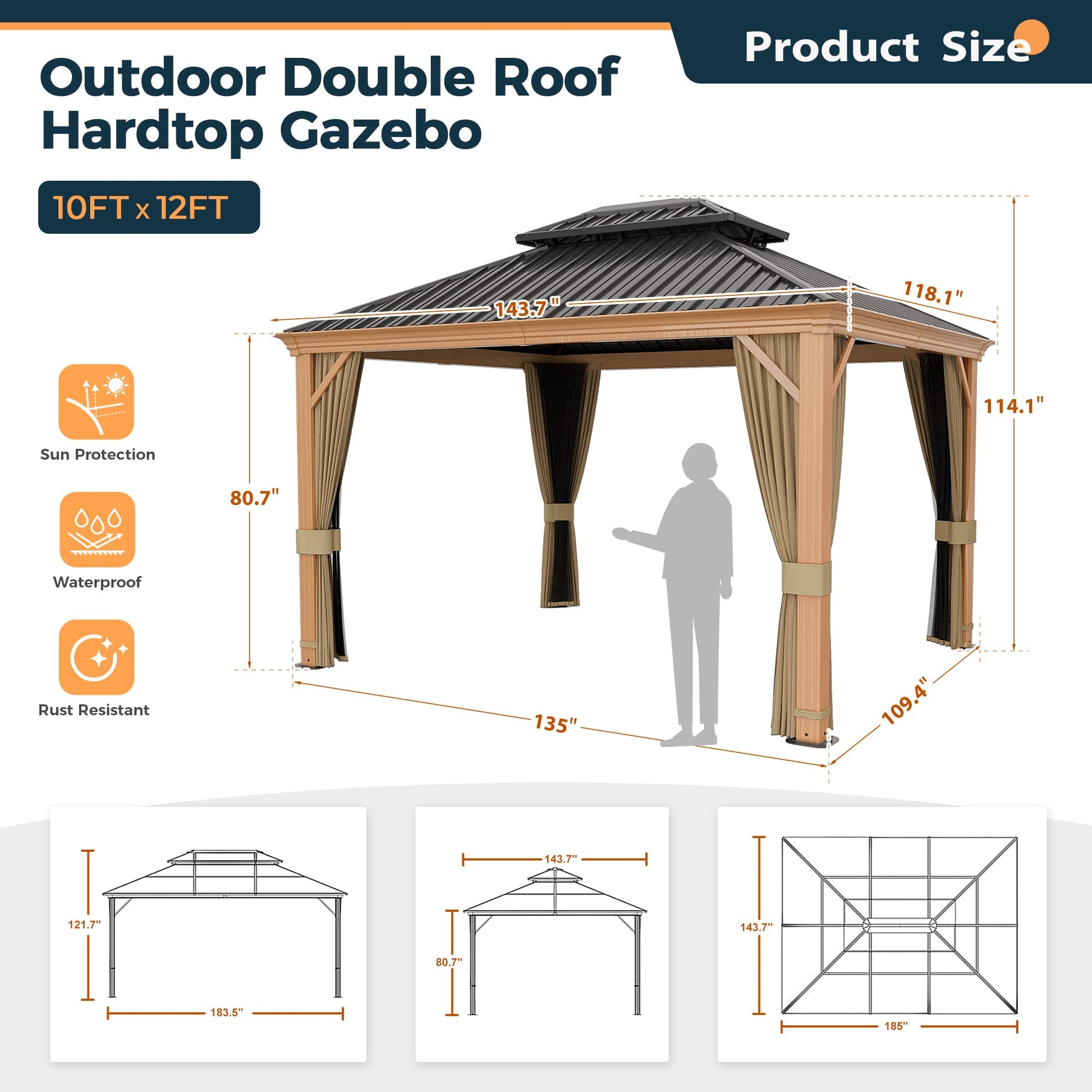 HAPPATIO 10' x 12' Hardtop Gazebo, Outdoor Wood Grain Frame Aluminum Gazebo, Double Roof Permanent Patio Gazebo Canopy with Netting and Curtains for - WoodArtSupply