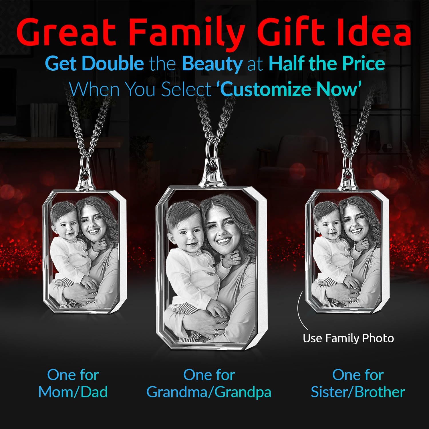 ArtPix 3D Personalized Necklace, 3D Laser Etched Photo Crystal, Engraved Rectangle Necklaces Accessories, Memorial Birthday Gifts for Mom Dad, Him ArtPix 3D